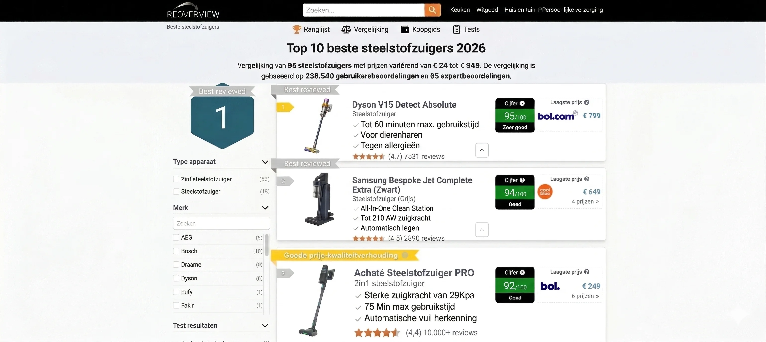 Reoverview vergelijking van beste steelstofzuigers 2025 met Samako CleanDetect op #3