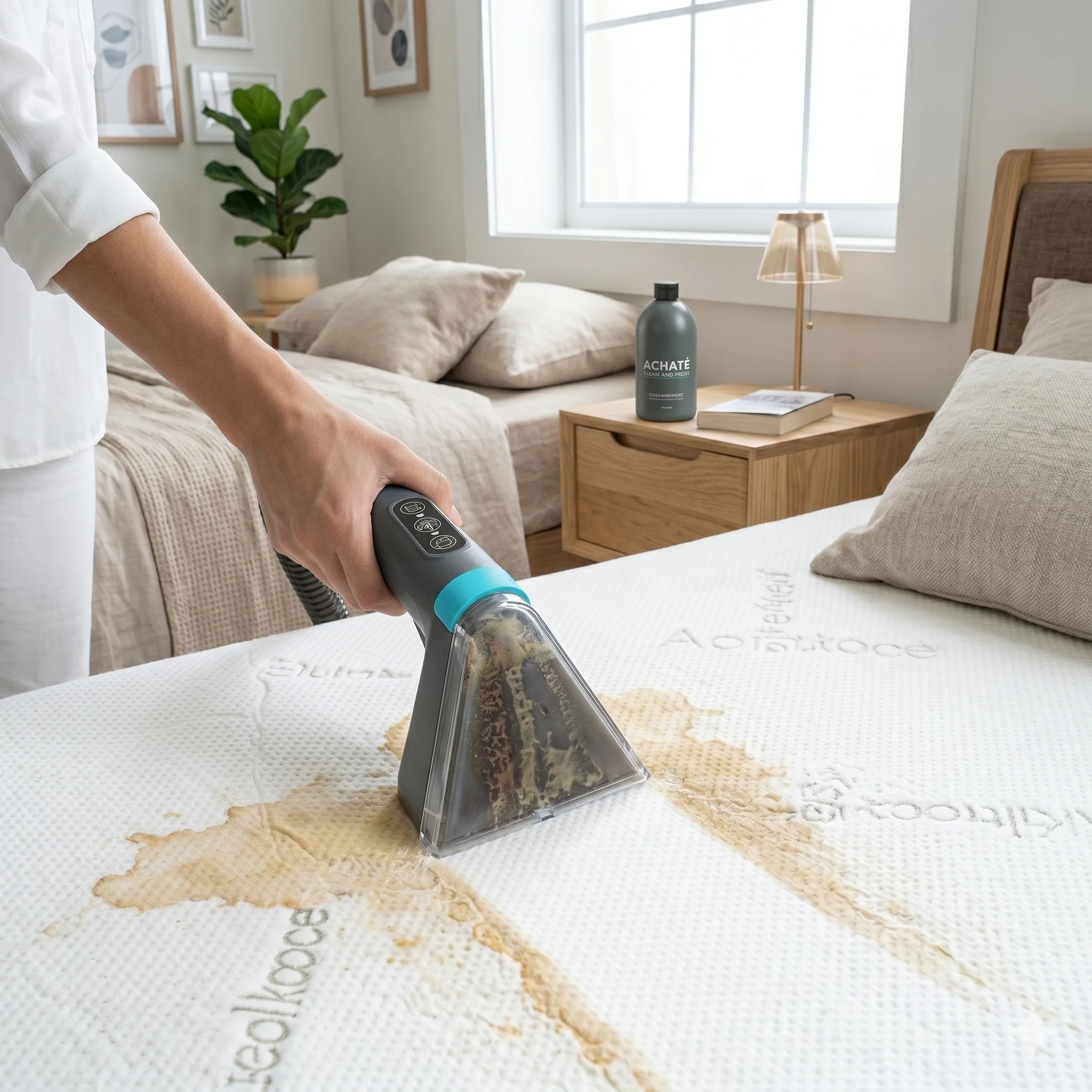 Wit opgemaakt bed met linnen lakens in de ochtendzon
